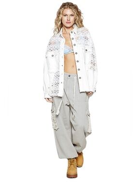 POL White Cotton Twill Lace Long Sleeve Shacket